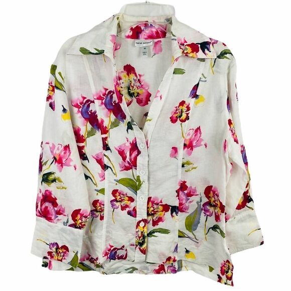 Harve Bernard white floral linen Blouse Medium - Picture 1 of 11